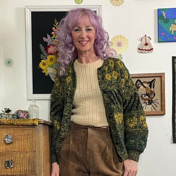 Vintage Green & Gold Grandpa Cardigan, 1970s Hand Knit Button Front Sweater Sz L - Picture 11 of 11